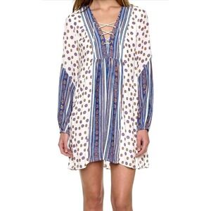 Free People Rain Shine Printed Lace-Up Swing Dress Women's Small Boho Oversized